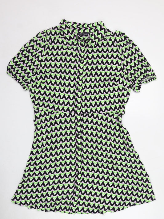 Marks and Spencer Womens Green Geometric Viscose Shirt Dress Size 16 Collared Button