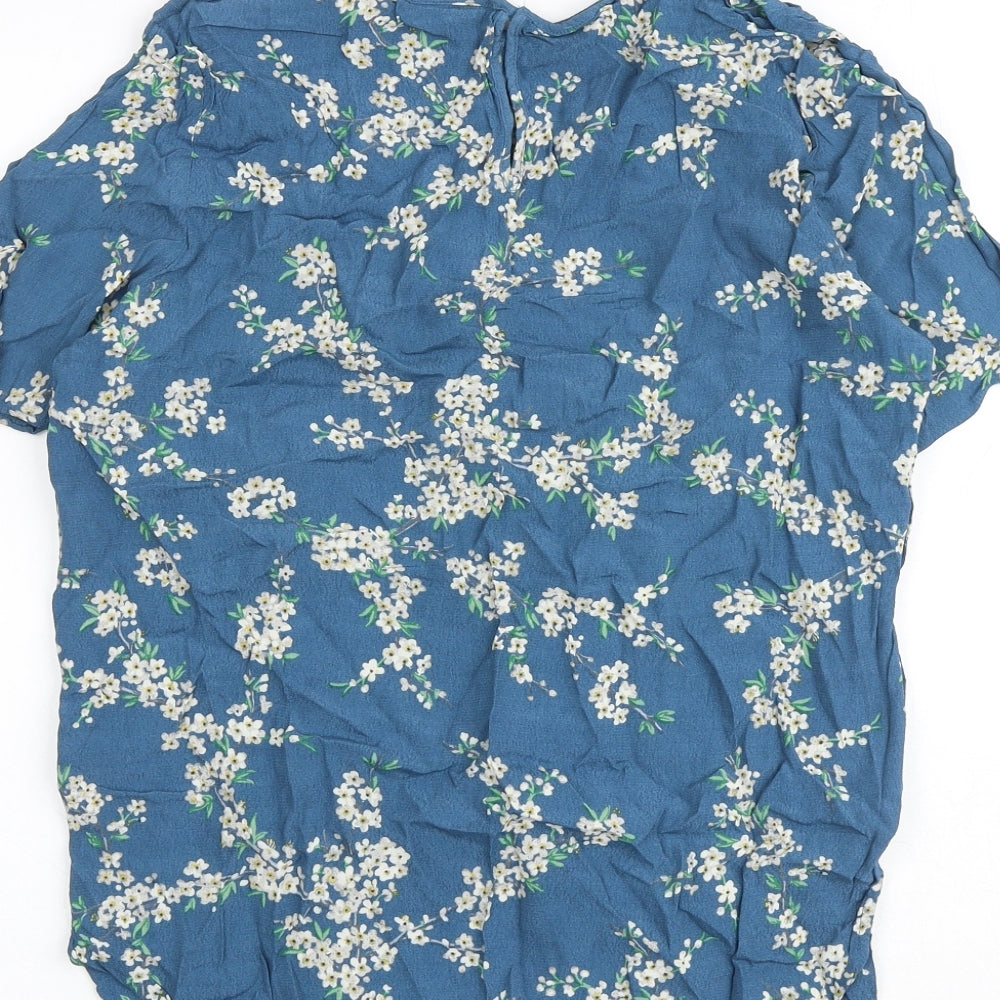 H&M Womens Blue Floral Viscose Basic Blouse Size 10 Round Neck