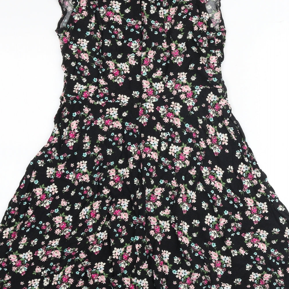 Dorothy Perkins Womens Black Floral Viscose A-Line Size 12 Round Neck Zip