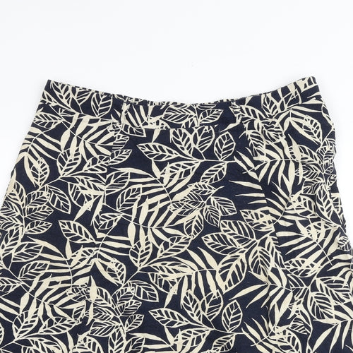 BHS Womens Blue Geometric Linen Swing Skirt Size 16 - Leaf Pattern