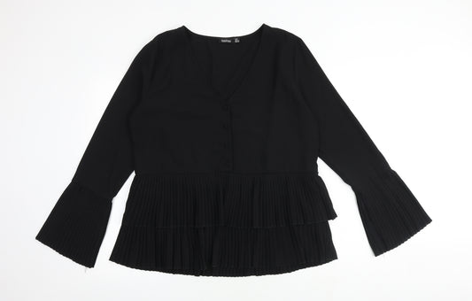 Boohoo Womens Black Polyester Basic Blouse Size 16 V-Neck - Pleated Detail