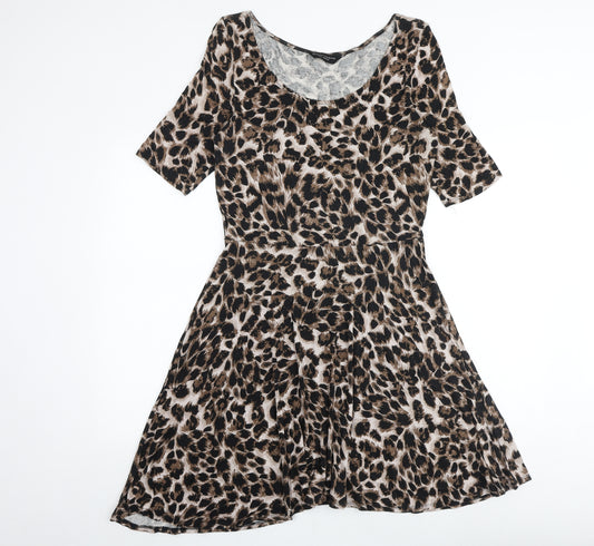 Dorothy Perkins Womens Brown Animal Print Viscose Skater Dress Size 14 Round Neck Pullover - Leopard Print