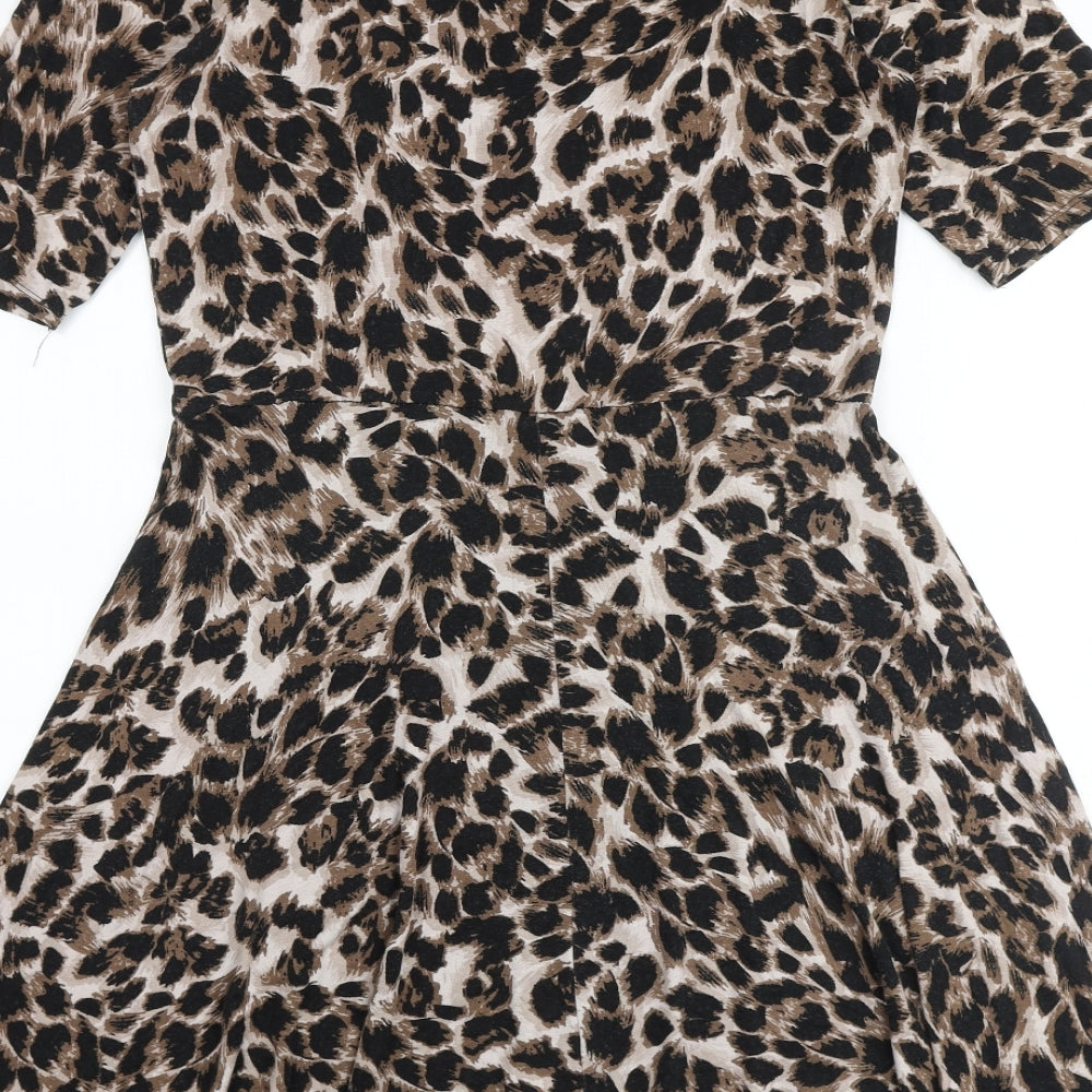Dorothy Perkins Womens Brown Animal Print Viscose Skater Dress Size 14 Round Neck Pullover - Leopard Print