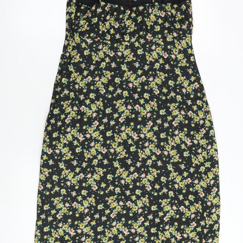 Marks and Spencer Womens Black Floral Polyester A-Line Size 8 V-Neck Zip - Lace Details
