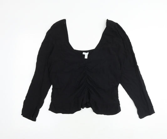 H&M Womens Black Viscose Basic Blouse Size XL V-Neck - Ruched Front