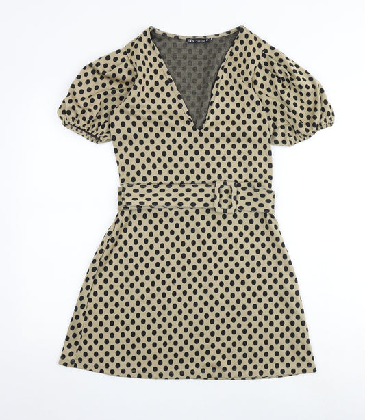 Zara Womens Brown Polka Dot Polyester A-Line Size S V-Neck Buckle