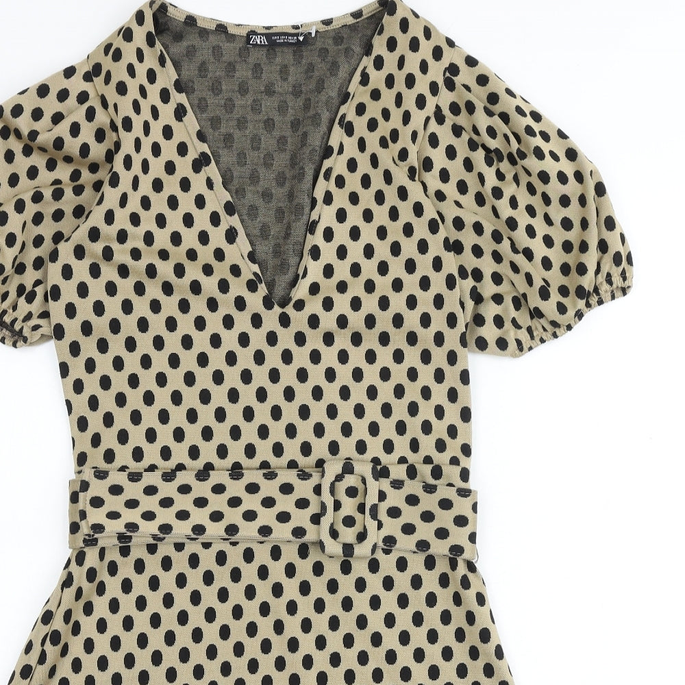 Zara Womens Brown Polka Dot Polyester A-Line Size S V-Neck Buckle