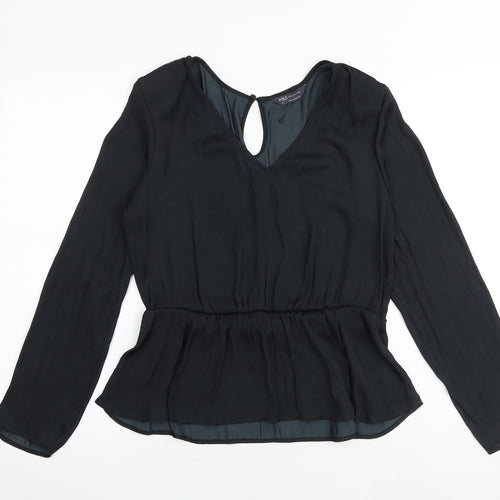 Marks and Spencer Womens Black Polyester Basic Blouse Size 12 V-Neck