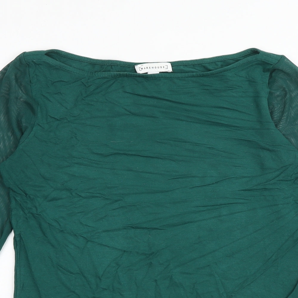 Warehouse Womens Green Polyester Basic T-Shirt Size 6 Boat Neck - Mesh Sleeves