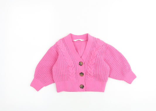 Marks and Spencer Girls Pink V-Neck Acrylic Cardigan Jumper Size 2-3 Years Button