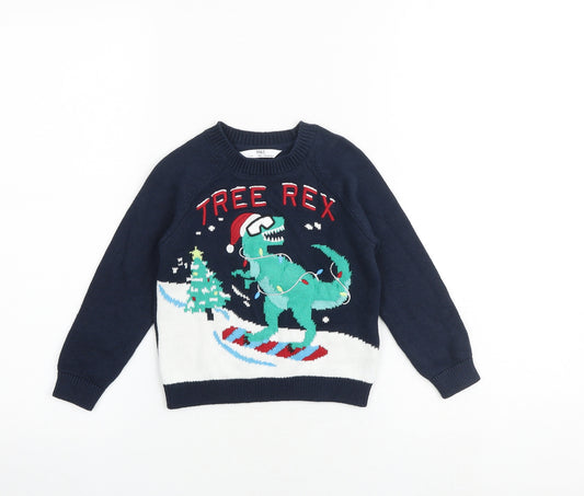 Marks and Spencer Boys Blue Crew Neck 100% Cotton Pullover Jumper Size 2-3 Years Pullover - Christmas Dinosaur