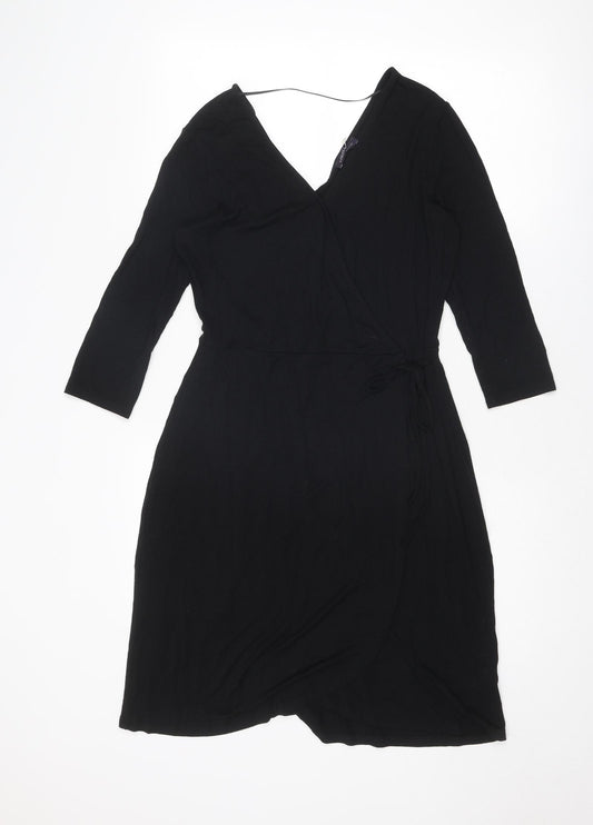 Marks and Spencer Womens Black Viscose Wrap Dress Size 12 V-Neck Tie