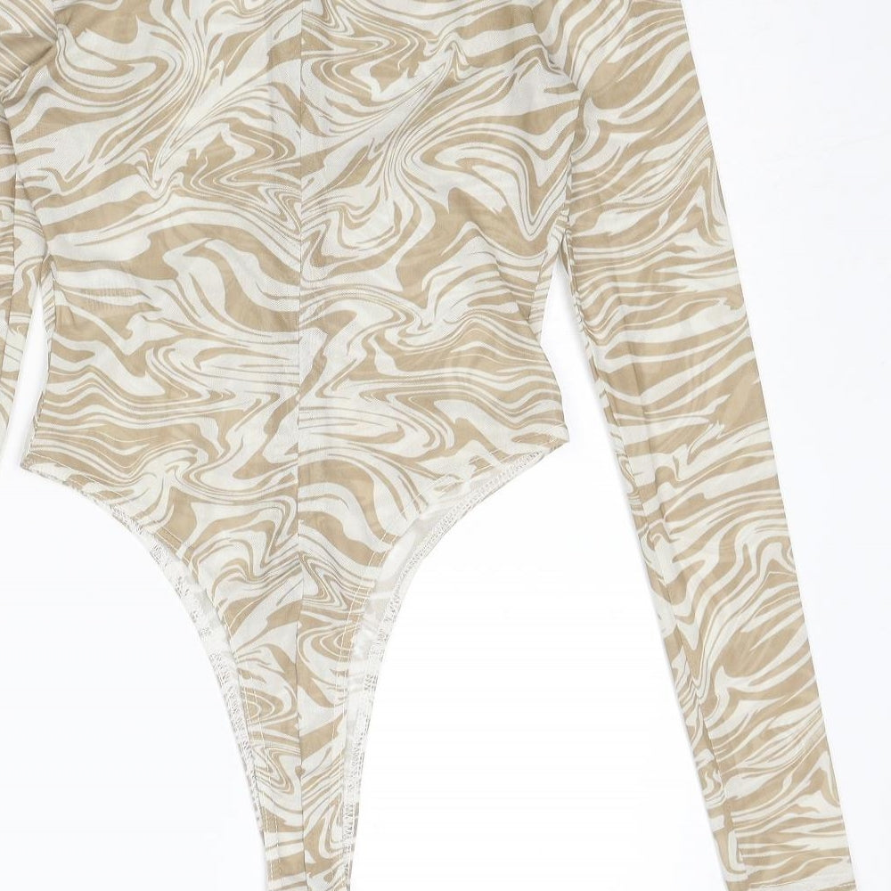 Meshki Womens Beige Geometric Polyester Bodysuit One-Piece Size S Zip