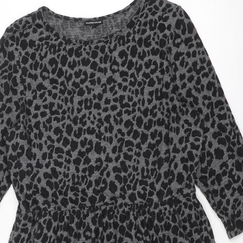 Warehouse Womens Grey Animal Print Polyester Jumper Dress Size 16 Round Neck Pullover - Leopard pattern