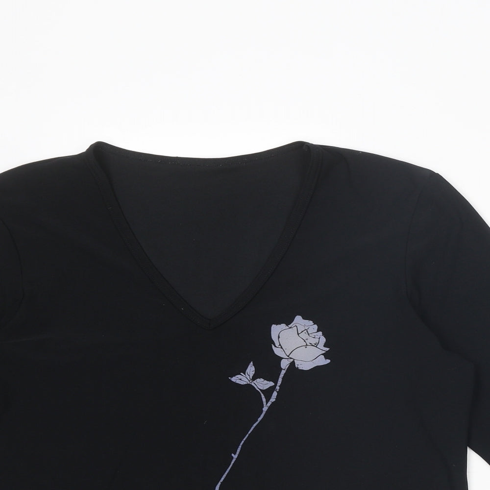 Dorothy Perkins Womens Black Polyester Basic T-Shirt Size 18 V-Neck - Flower