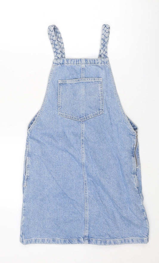 Topshop Womens Blue Cotton Pinafore/Dungaree Dress Size 6 Square Neck Pullover