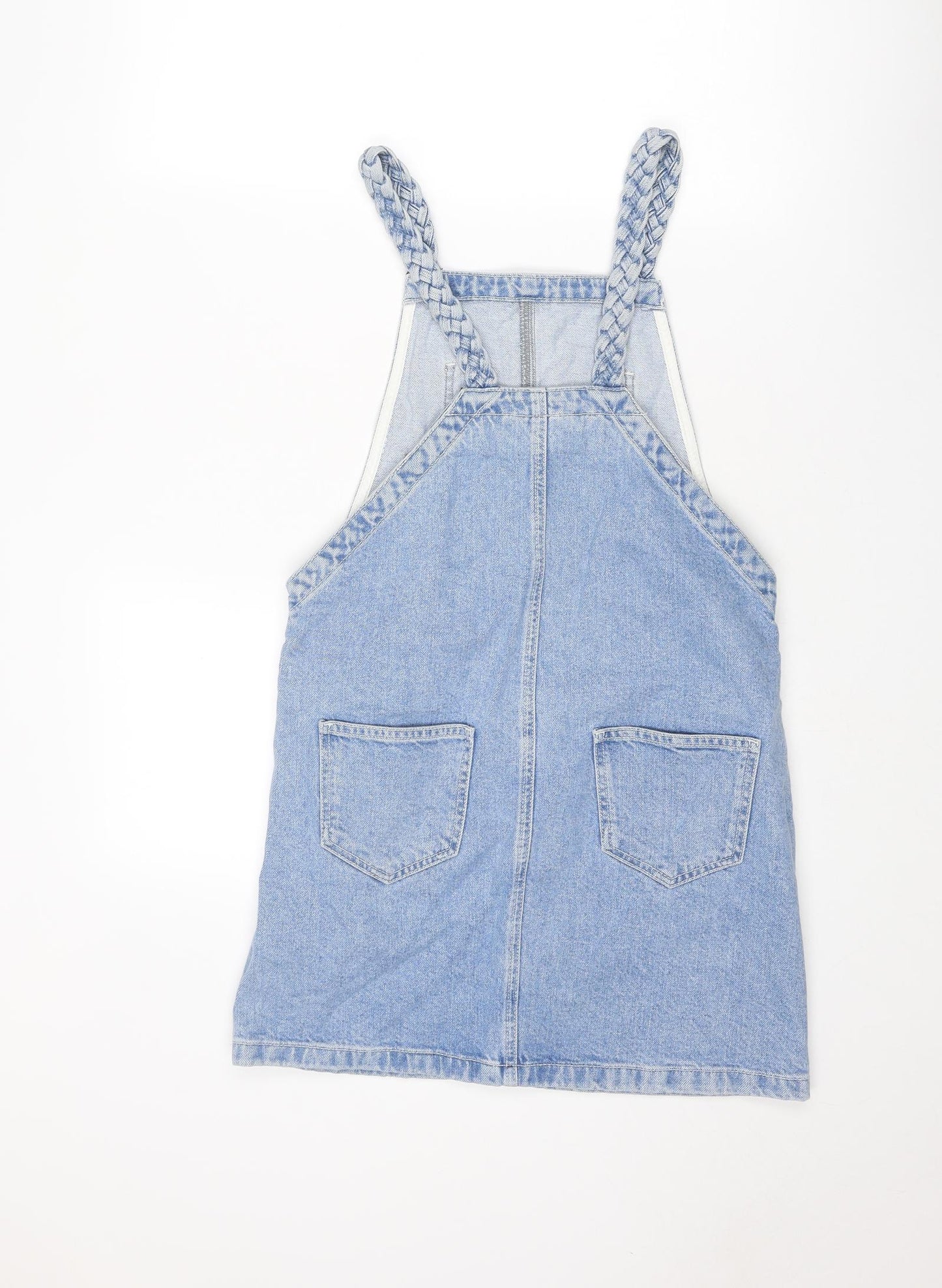 Topshop Womens Blue Cotton Pinafore/Dungaree Dress Size 6 Square Neck Pullover