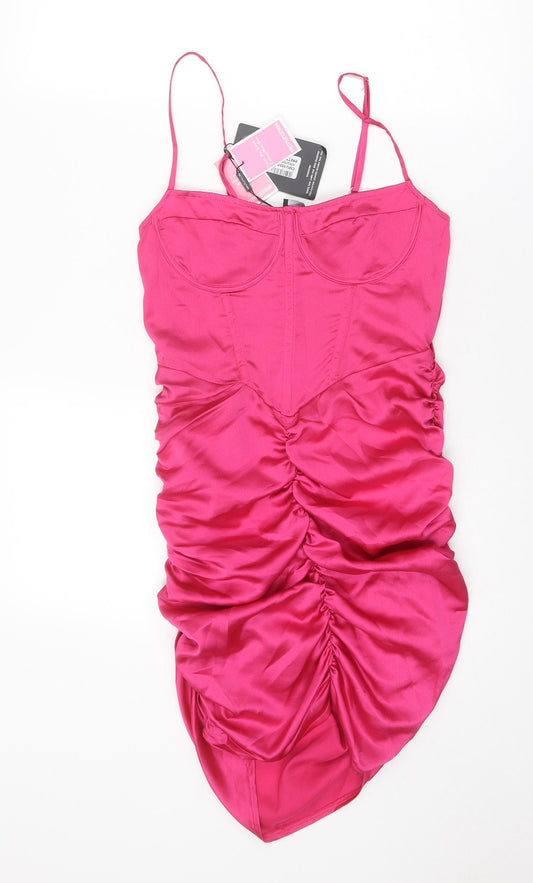 PRETTYLITTLETHING Womens Pink Polyester Bodycon Size 8 Square Neck Zip