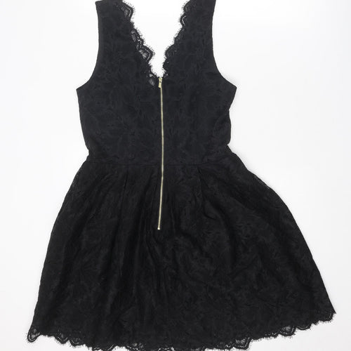 H&M Womens Black Floral Polyamide Fit & Flare Size 10 V-Neck Zip