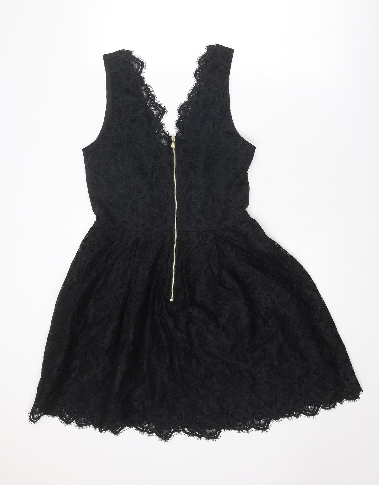 H&M Womens Black Floral Polyamide Fit & Flare Size 10 V-Neck Zip