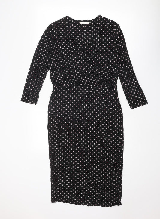 Classic Womens Black Geometric Viscose A-Line Size 10 V-Neck Pullover