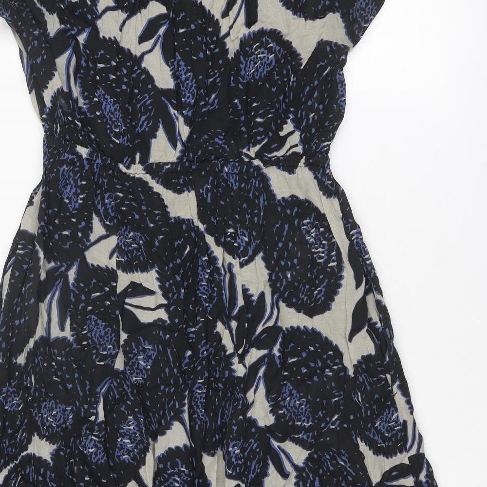 Monsoon Womens Black Geometric Polyester A-Line Size 14 V-Neck Button - Leaf pattern