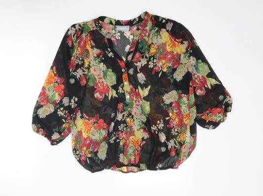 Wallis Womens Black Floral Polyester Basic Blouse Size M V-Neck