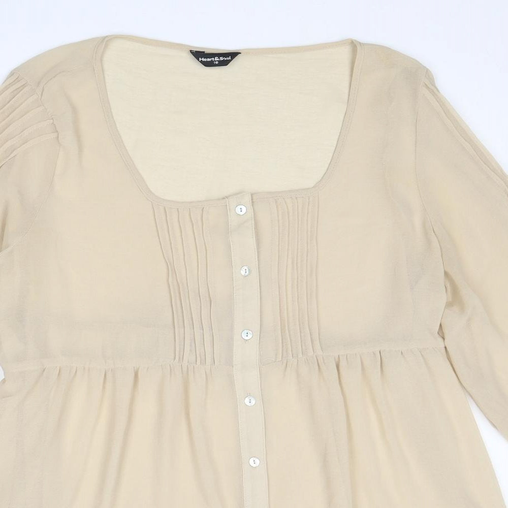 Heart & Soul Womens Beige Polyester Basic Button-Up Size 16 Scoop Neck