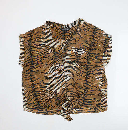 Dorothy Perkins Womens Brown Animal Print Polyester Basic Button-Up Size 16 V-Neck - Tiger Print Knot Front