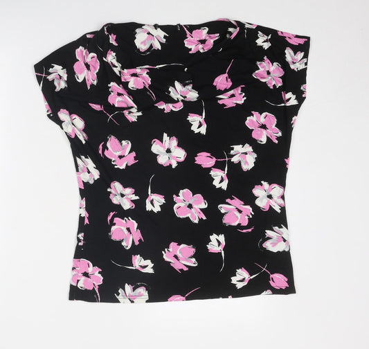 Debenhams Womens Black Floral Viscose Basic T-Shirt Size 14 Boat Neck