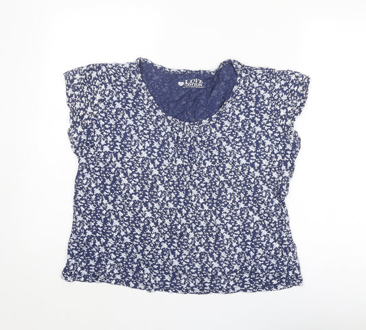 BHS Womens Blue Floral Cotton Basic T-Shirt Size 10 Scoop Neck