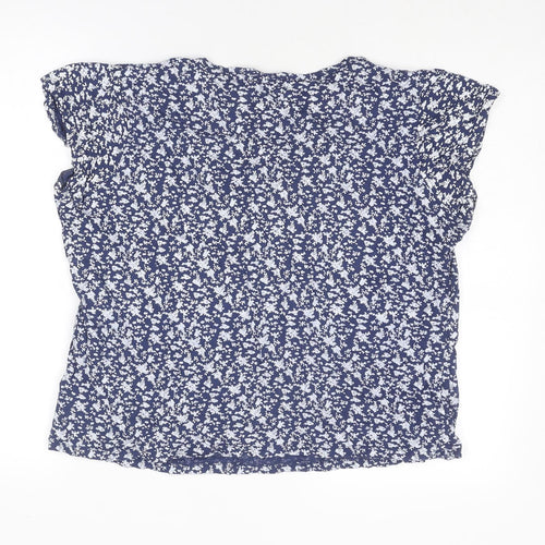 BHS Womens Blue Floral Cotton Basic T-Shirt Size 10 Scoop Neck
