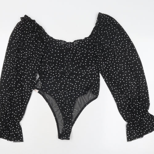PRETTYLITTLETHING Womens Black Polka Dot Polyester Bodysuit One-Piece Size 10 Snap