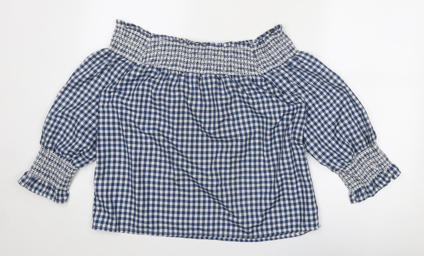 Boohoo Womens Blue Check Polyester Basic Blouse Size 10 Off the Shoulder
