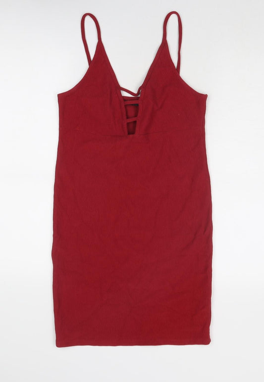 Topshop Womens Red Cotton Slip Dress Size 12 V-Neck Pullover