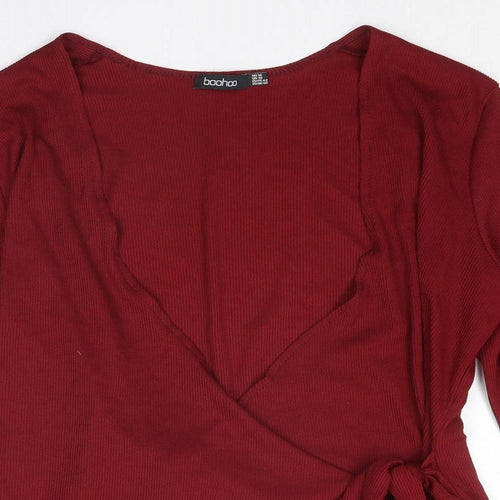 Boohoo Womens Red Polyester Wrap Blouse Size 14 V-Neck - Ribbed