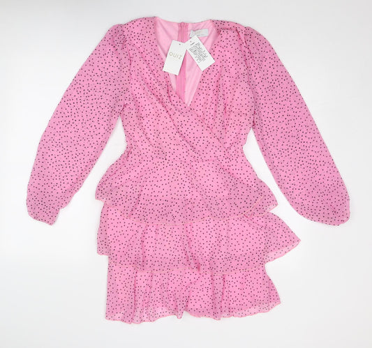 Quiz Womens Pink Polka Dot Polyester Skater Dress Size 10 V-Neck Zip
