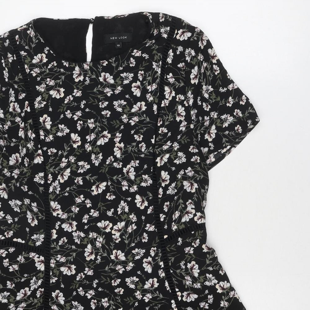 New Look Womens Black Floral Polyester A-Line Size 12 Round Neck Zip