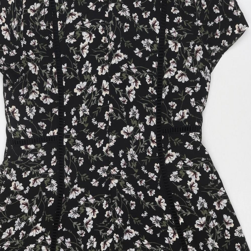 New Look Womens Black Floral Polyester A-Line Size 12 Round Neck Zip
