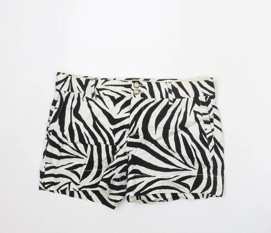 Zara Womens White Animal Print Cotton Mom Shorts Size L Regular Zip - Zebra pattern Chain detail