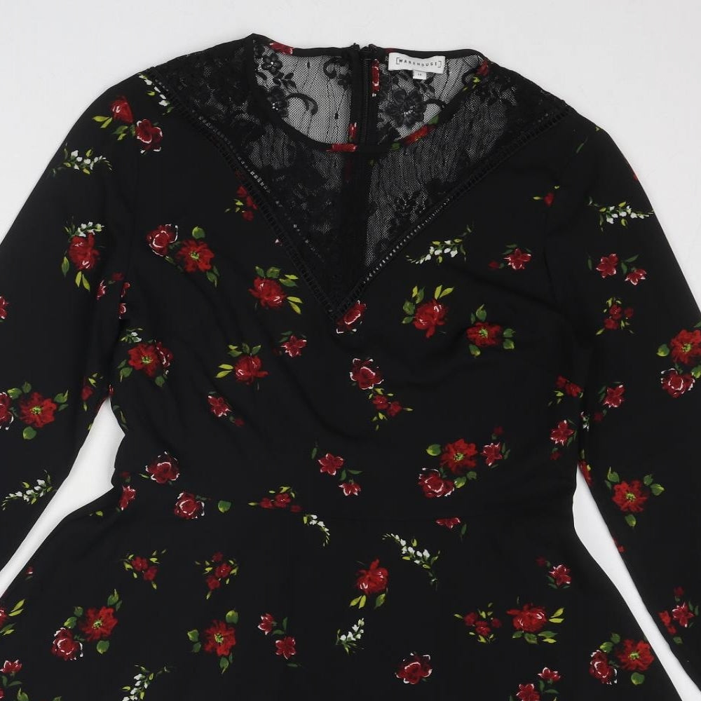 Warehouse Womens Black Floral Polyester A-Line Size 14 Round Neck Zip