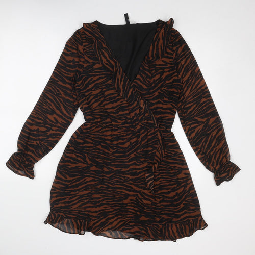Divided by H&M Womens Brown Animal Print Polyester Skater Dress Size 10 V-Neck Snap - Tiger pattern