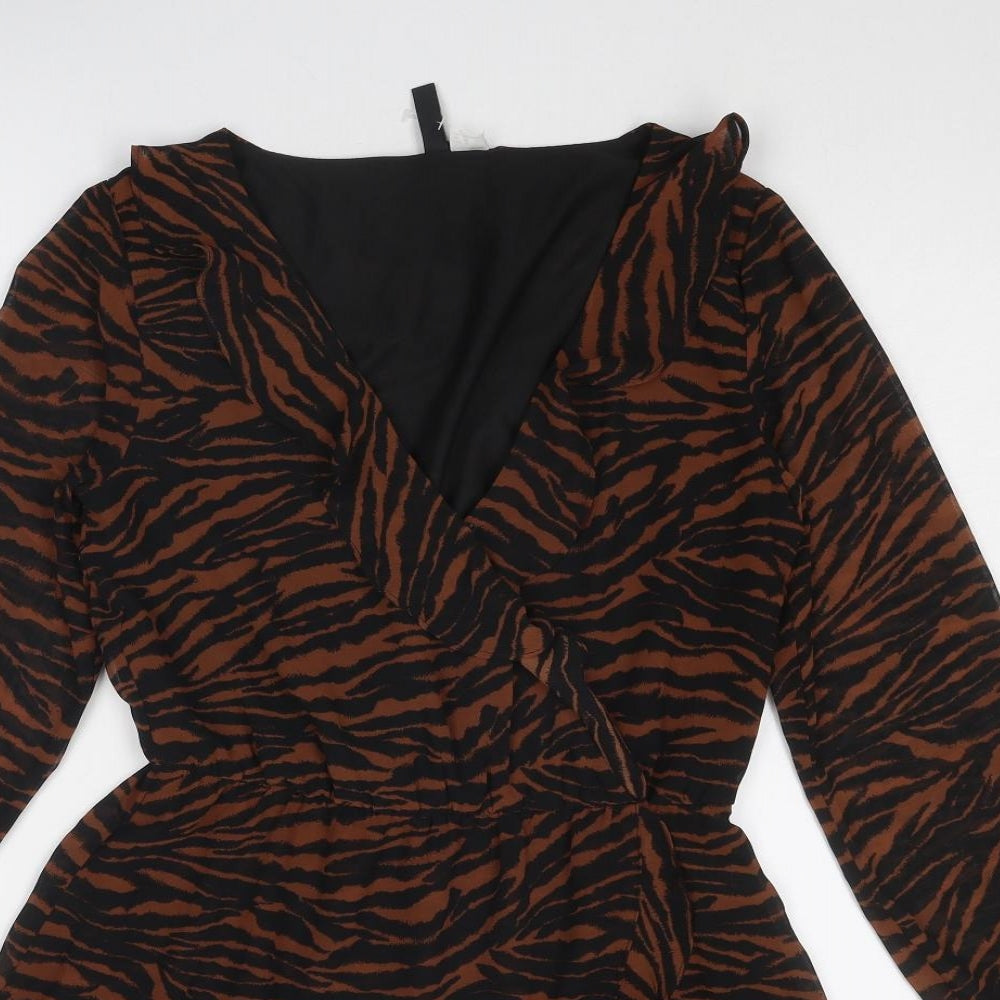 Divided by H&M Womens Brown Animal Print Polyester Skater Dress Size 10 V-Neck Snap - Tiger pattern