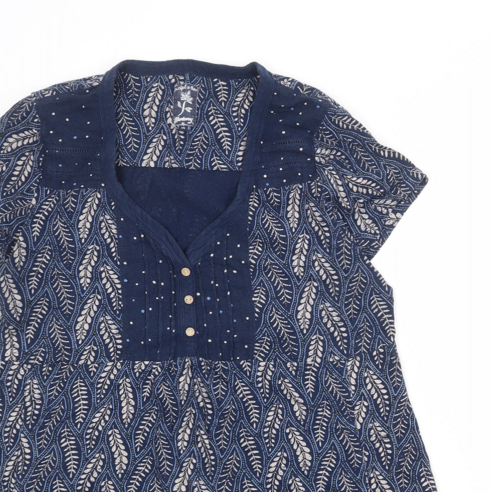 MANTARAY PRODUCTS Womens Blue Geometric 100% Cotton Basic Blouse Size 16 V-Neck