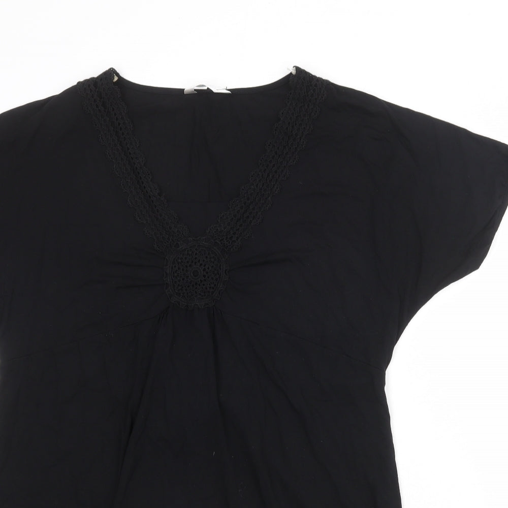 Yours Womens Black Viscose Basic T-Shirt Size 18 V-Neck - Asymmetric Crocheted Lace Trim