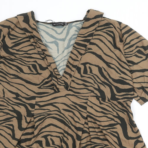 PRETTYLITTLETHING Womens Brown Animal Print Polyester Basic Blouse Size 16 V-Neck - Zebra Print