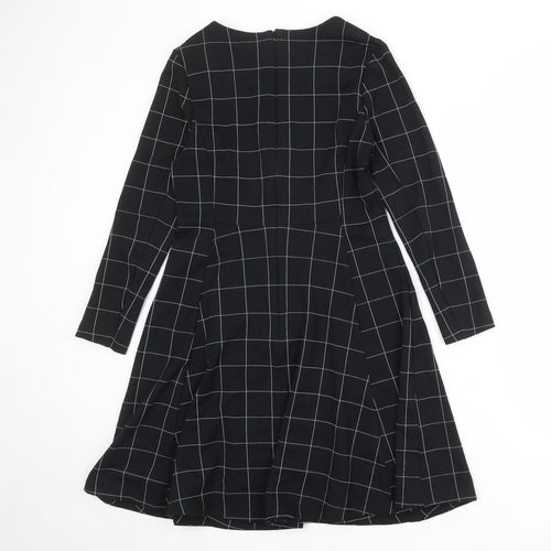 Marks and Spencer Womens Black Check Viscose Trapeze & Swing Size 12 Round Neck Zip