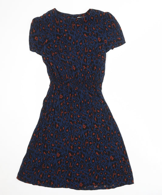 Apricot Womens Blue Animal Print Viscose T-Shirt Dress Size 10 Round Neck Button - Leopard pattern