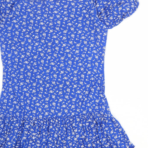 Quiz Womens Blue Floral Viscose Skater Dress Size 16 V-Neck Pullover