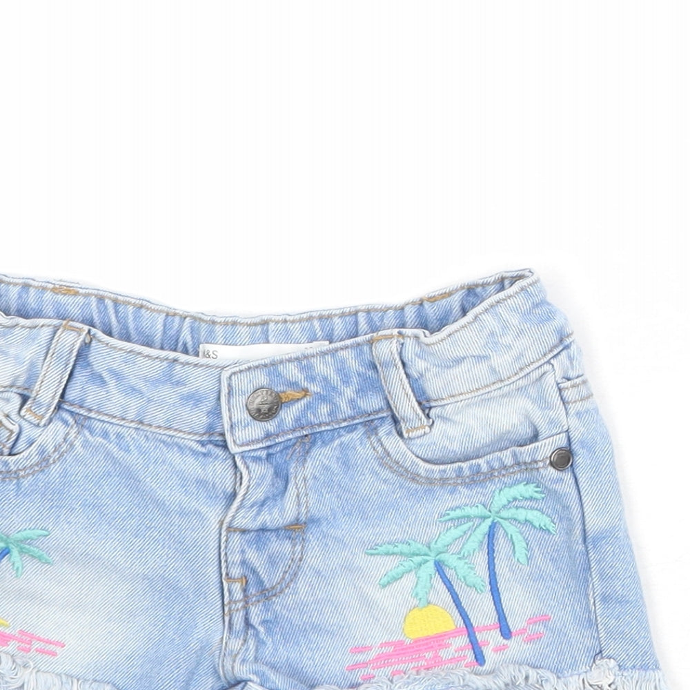 Marks and Spencer Girls Blue 100% Cotton Cut-Off Shorts Size 2-3 Years Regular Zip - Palm Trees